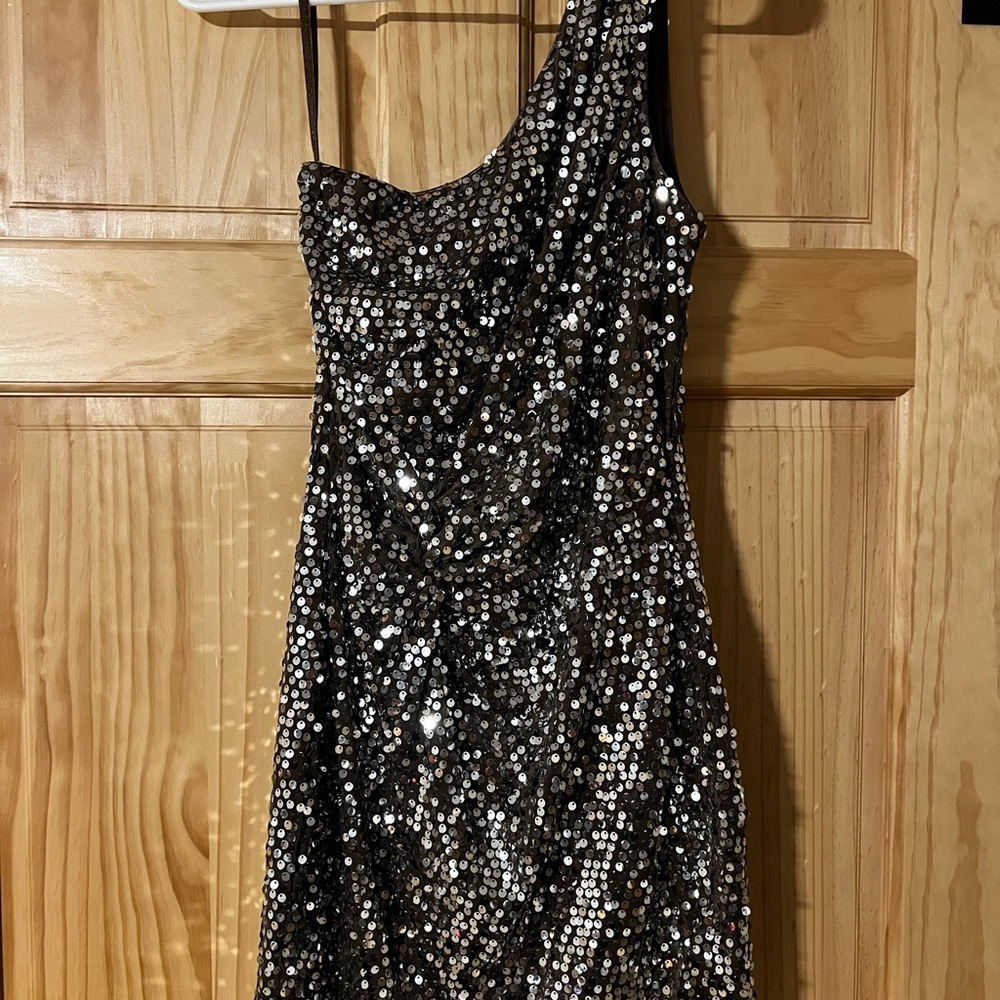 As U Wish Silver Sequin One-Shoulder Dress